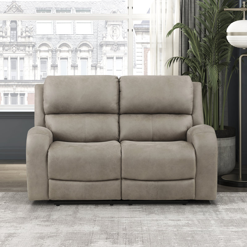 Mazzone 61.5" Transitional Polished Microfiber Double Reclining Loveseat with Dual Manual Tab Pull Motion, Brown Microfiber