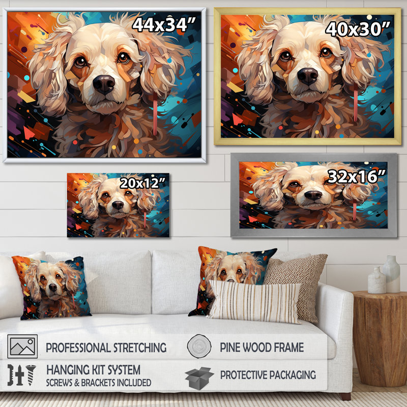 Poodle Pizzazz sur toile, Cadre de coin argenté fermé, H 16 po x l 32 po x P 1 po