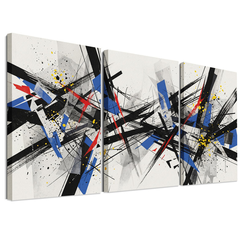 Ensemble de 3 toiles abstraites à coups de pinceau noirs, bleus et rouges, 18"H x 12"W x 3pcs