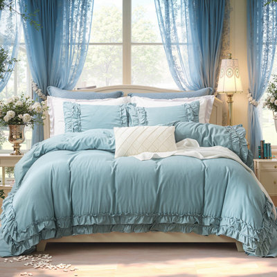 Grayish Blue Comforter Queen Ruffled Bedding Set Ruffle Fringe Boho Bedroom Decor Super Soft Cozy Blue Bedding Comforter Set