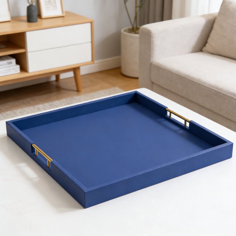 Extra Large Square Ottoman Tray With Golden Handles - Faux Leather Wrapped Wood Serving Tray For Breakfast In Bed, Coffee Table Organizer, And Home Decor