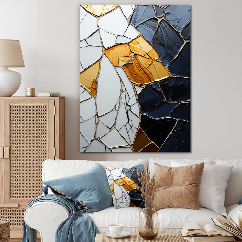 Carreau de marbre abstrait noir et or Mosiac - tuile abstraite, art mural, Toile tendue, 60" H x 40" W