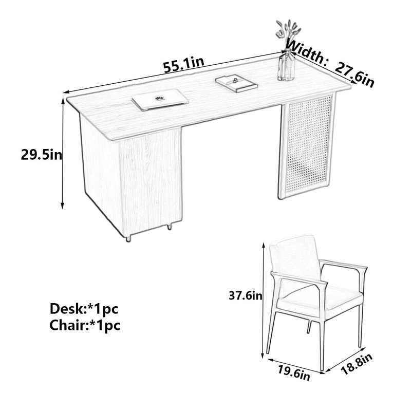 Bureau en bois massif orné de rotin