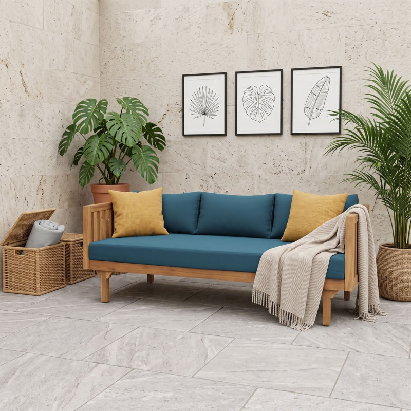 Lit de jour d'extérieur en bois d'acacia avec lambris et coussins, canapé de patio 3 places, TeakTeal