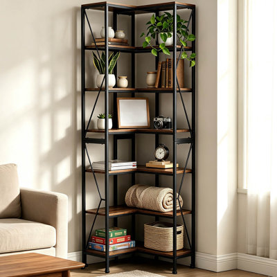 7-Tier L-Shaped Corner Bookshelf with Metal Frame, Industrial Open Display Rack with 7 Shelves – Vintage Storage Bookcase for Living Room, Home Office