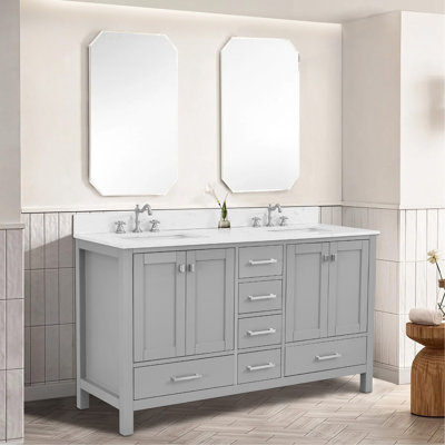60'' Bathroom Vanity, Solid Wood Frame Bathroom Storage Cabinet, Freestanding Vanity Top With Double Basin
