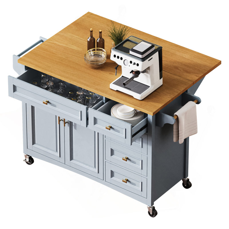 52'' Kitchen Island With Drop Leaf, Embossed Texture Kitchen Island On Wheels With Spice Rack, Towel Rack, 2 Doors And 5 Drawers, Kitchen Storage Cart With Adjustable Shelf For Kitchen