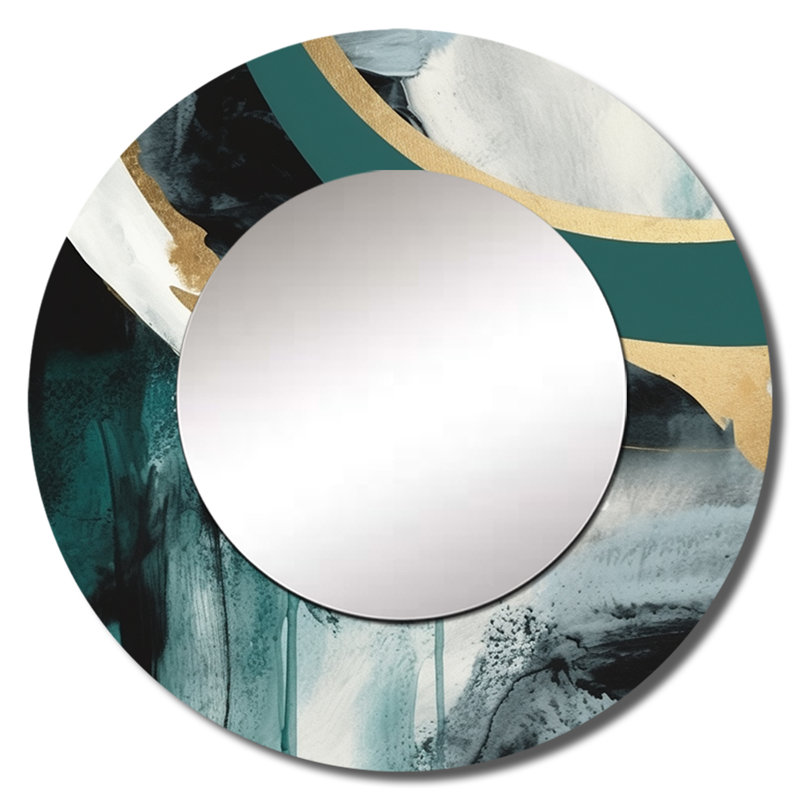 Philisha Gold And Green Geometric Enchantment II - Marble Large Mirror, Modern Round Unique Wall Mirror Decor, Printed Metal Art
