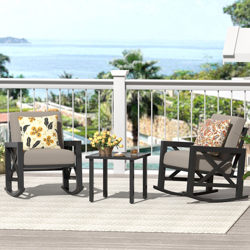 Isfried 3-Piece Metal Frame Outdoor Conversation Set with Thick Cushions, Shale Cushion/Black Frame