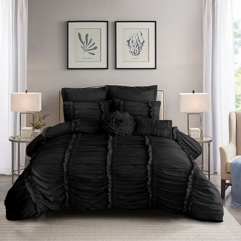 7 Piece Brushed Microfiber Plain Weave Comforter Bedding Set With Accent Pillows, King Comforter + 6 Additional Pieces, Black