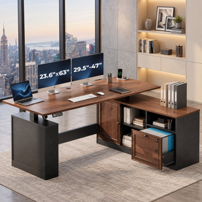 Bureau assis-debout en forme de L avec caisson de rangement, étagères et prises électriques, hauteur réglable pour bureau à domicile