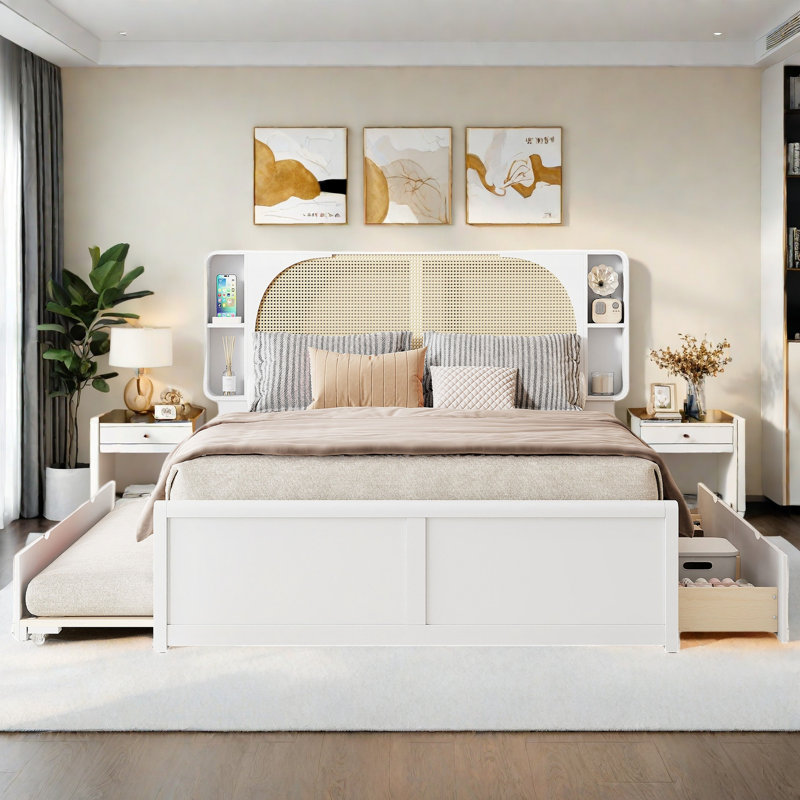 Rattan  Storage Bed with 2 Drawers,Trundle, White