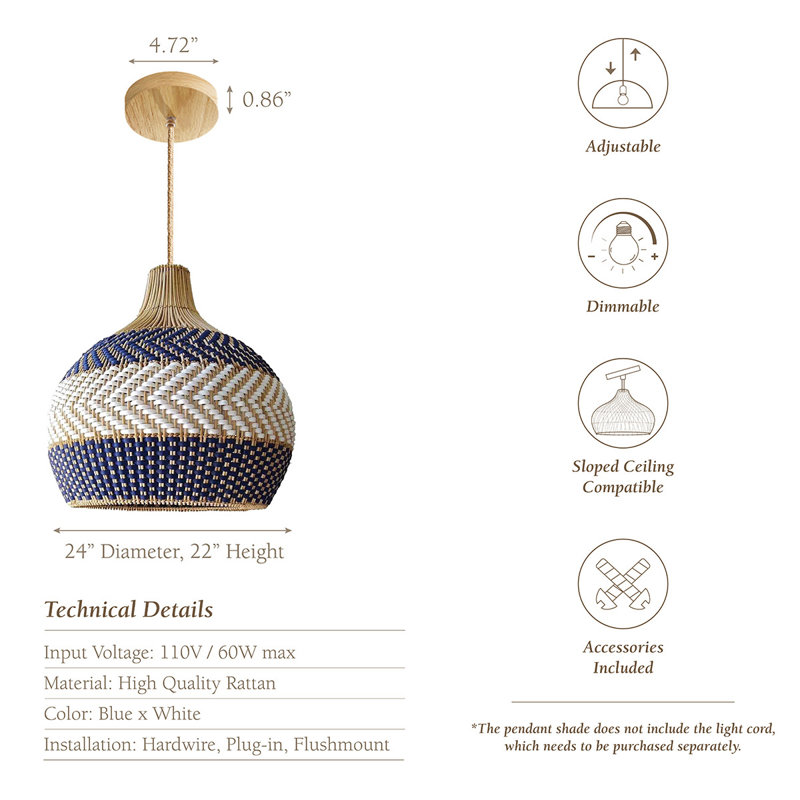 Luminaire suspendu en dôme en rotin de 21,5 po et 24 po Brames Brames, 24", Corde naturelle de 120 po