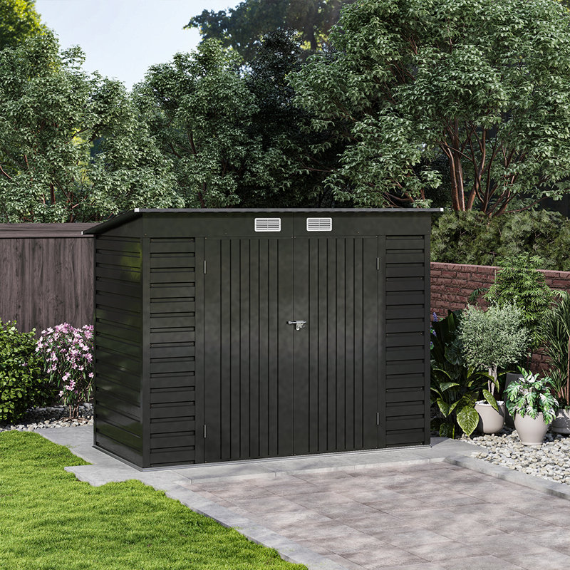 Outdoor Galvanized Steel Storage Shed with Dual Doors, Charcoal Black
