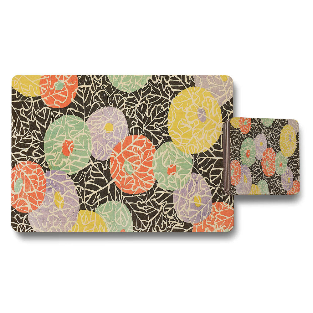 Abstract Floral Placemat and Coaster Set with Multicolor Circles