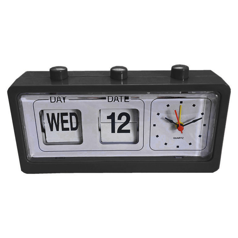 Réveil de bureau avec calendrier à saut manuel, noir, pour salle d'étude ou bureau., Black