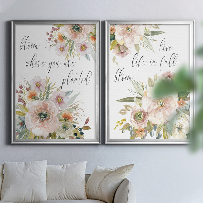 «Peach Bloom I», ensemble de 2 impressions, Pas de tapis, H 18,5 po x l 49 po x P 1,5 po, Toile encadrée argentée
