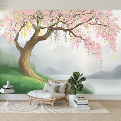 Papier peint 3D branches de saule arbre rose vue du Japon, adhésif mural autocollant pour chambre à coucher, salon, dortoir, décoration murale, armoire, autocollant
