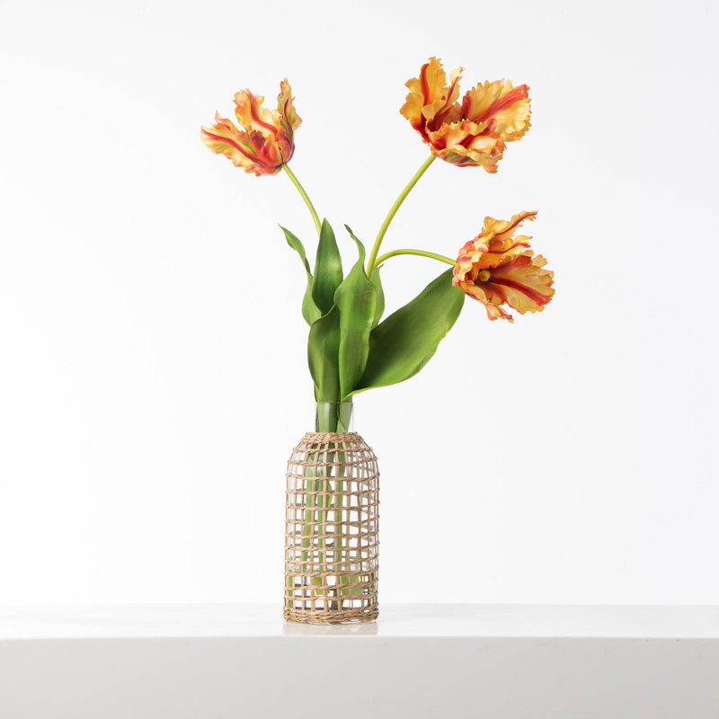 Faux Lifelike Flame Parrott Tulips in Rattan Bottle Vase Water Illusion Spring Summer Arrangement