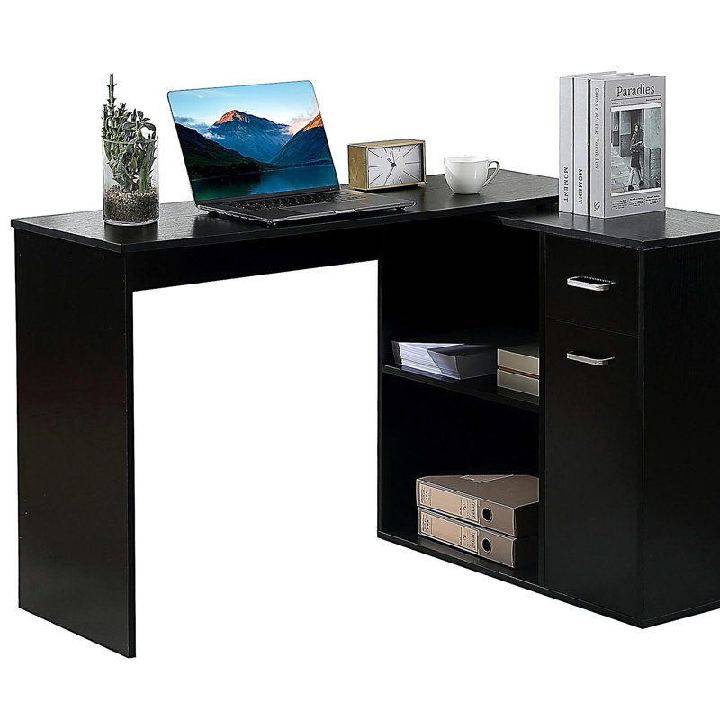 Bureau d'ordinateur en L pivotant à 180 ° avec tablette de rangement, tiroir et armoire