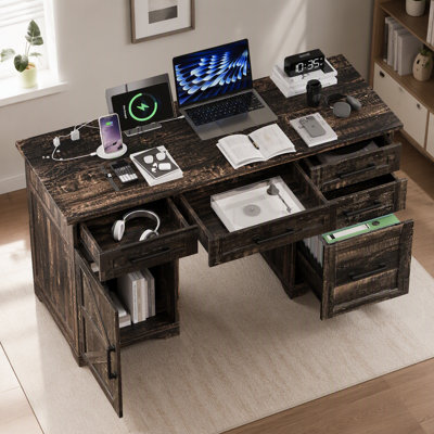 55" Farmhouse Executive Desk with Charging Station & Power Outlet, Home Office Computer Desk with 5 Drawers and Cabinet, Rustic Wood Writing Study Tab