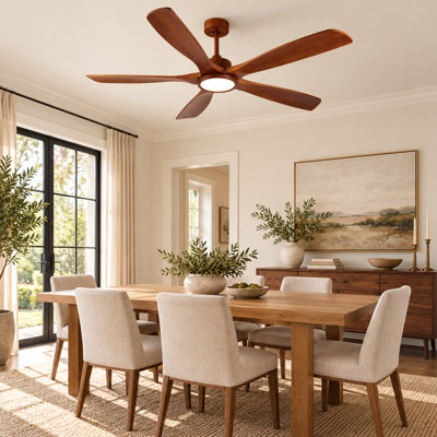 Ventilateurs de plafond en bois 60 pouces avec lumières et télécommande, 5 pales en bois massif, ventilateur de plafond moderne à profil bas avec lumière, moteur à courant continu réversible à 6 vitesses, pour chambre / extérieur / maison de camp