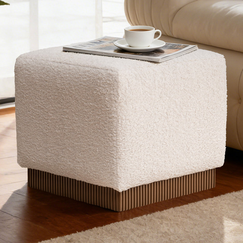  18"W Rectangle Ottoman Footstool, White Lamb Down Upholstered Floor Chair Acacia Wood Frame Fully Assembled