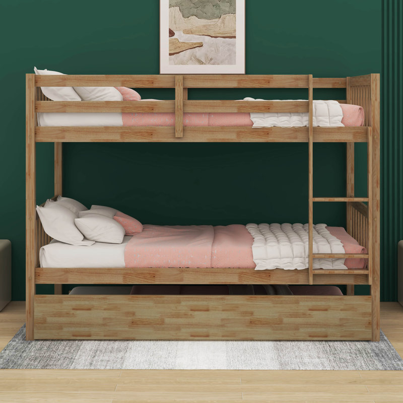  Kamorian Twin Over Twin Rubber Wood Bunk Bed With Trundle, Convertible Into 2 Beds, Natural