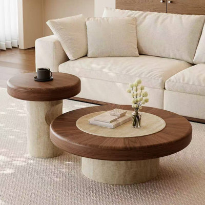 Ensemble de 2 tables basses gigognes rondes, table d'appoint et table d'appoint en noyer et en placage de pierre frittée en travertin, tables gigognes polyvalentes pour le salon