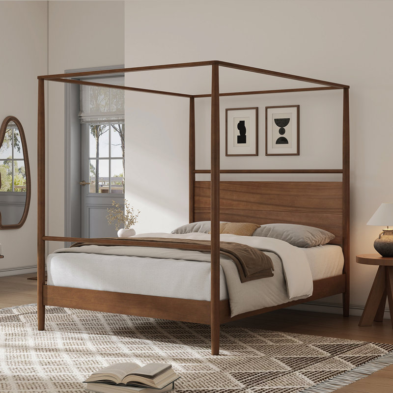 Solid Wood Canopy Bed Frame Four Posters Bed No Box Spring Needed,Full Size,Walnut