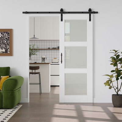 No Assembly Required Panel, 3-Lite Frosted Glass Barn Door Sliding White Finished Solid + Manufactured Wood Closet Pantry Doors with Double-sided Handle