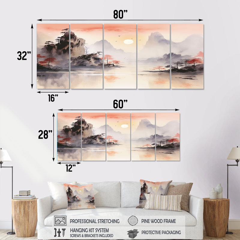 «Orange Tranquil Chinese Landscape Serenity I - China», art mural sur toile 5 pièces, H 32 po x l 80 po