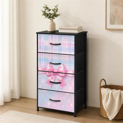 Commode à 4 tiroirs pour chambre à coucher Rose satiné avec nœuds en satin à carreaux pastel et paillettes