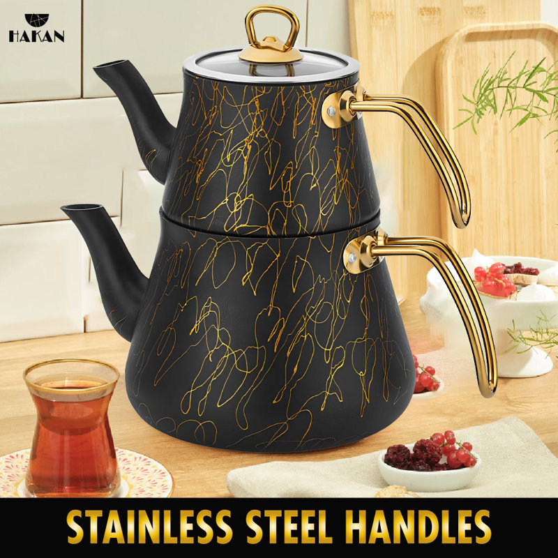 Hakan Black and Gold Granite Teapot Set with Stainless Steel Handle