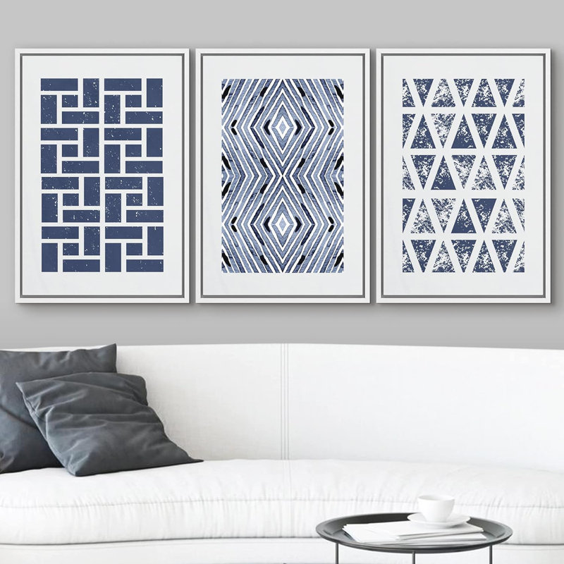 Carré bleu géométrique et formes abstraites à motifs abstraits, art bohémien bleu marine, 3 pièces, H 24 po x l 48 po, Blanc