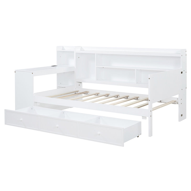 Twin Size Wooden Daybed With 3 Drawers, USB Ports and desk , White, Twin, White