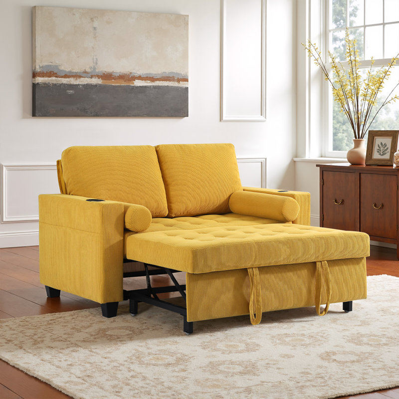 Upholstered Tufted Convertible Pull-Out Sleeper Sofa Bed - Adjustable Backrest With 2 Soft Pillows, Yellow