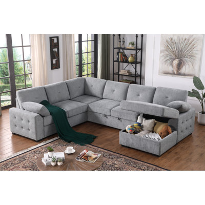 Upholstered Corner Sectional With Pull Out Loveseat And Storaged Chaise by George Oliver