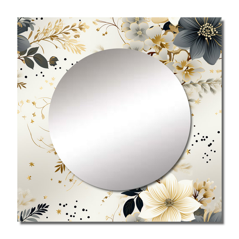 Miroir fougère à fleurs géométriques gris et beige, 23 po x 23 po