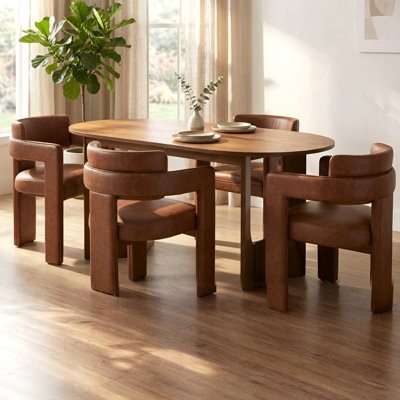 Modern 5-Piece Oval Brown Dining Set With Upholstered Chairs With Backrest And Armrests, Fit For 4 People