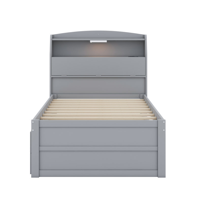 Lit plateforme en bois avec lit gigogne, tête de lit et tiroirs à DEL, Lit simple, Gris
