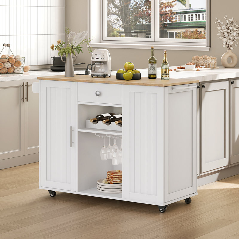 Kitchen Island Cart with Wine Rack, Tilt-Out Trash Cabinet, Adjustable Shelf, for Kitchen, Laundry Room, Dining Room