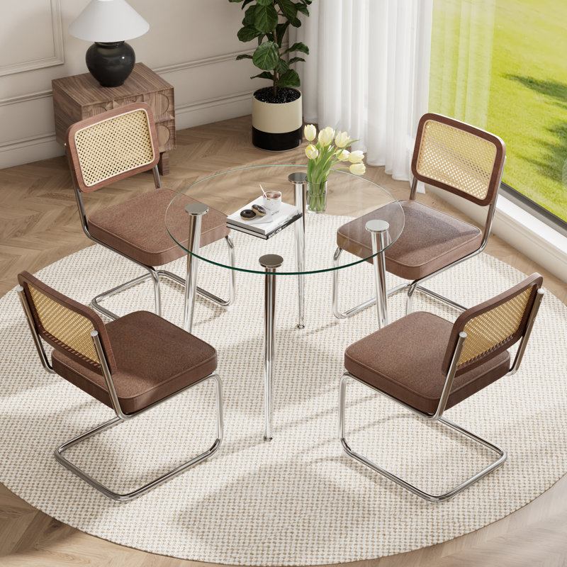 5-Piece Round Glass Top Dining Set, 30" H x 36" W x 36" D, Coffee, 5