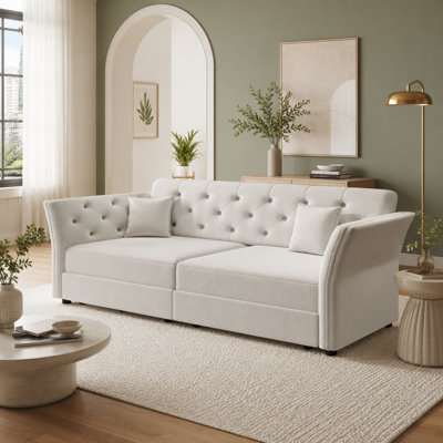 Floravessane 74.4" Queen Pull-Out Velvet Sleeper Sofa with Floral-Inspired Button Tufting, Deep Seats, Removable Cushion Covers and 2 Pillows