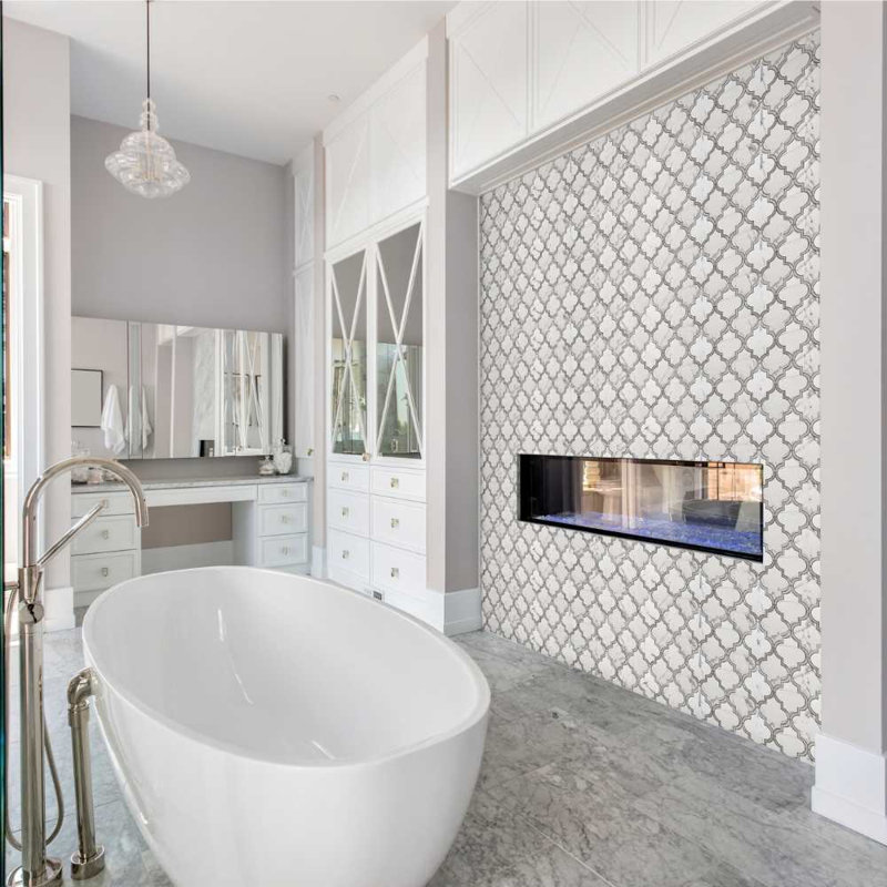 Stately Lantern 9" x 14" Porcelain Arabesque Marble Look Wall & Floor Tile, Calacatta/Gray