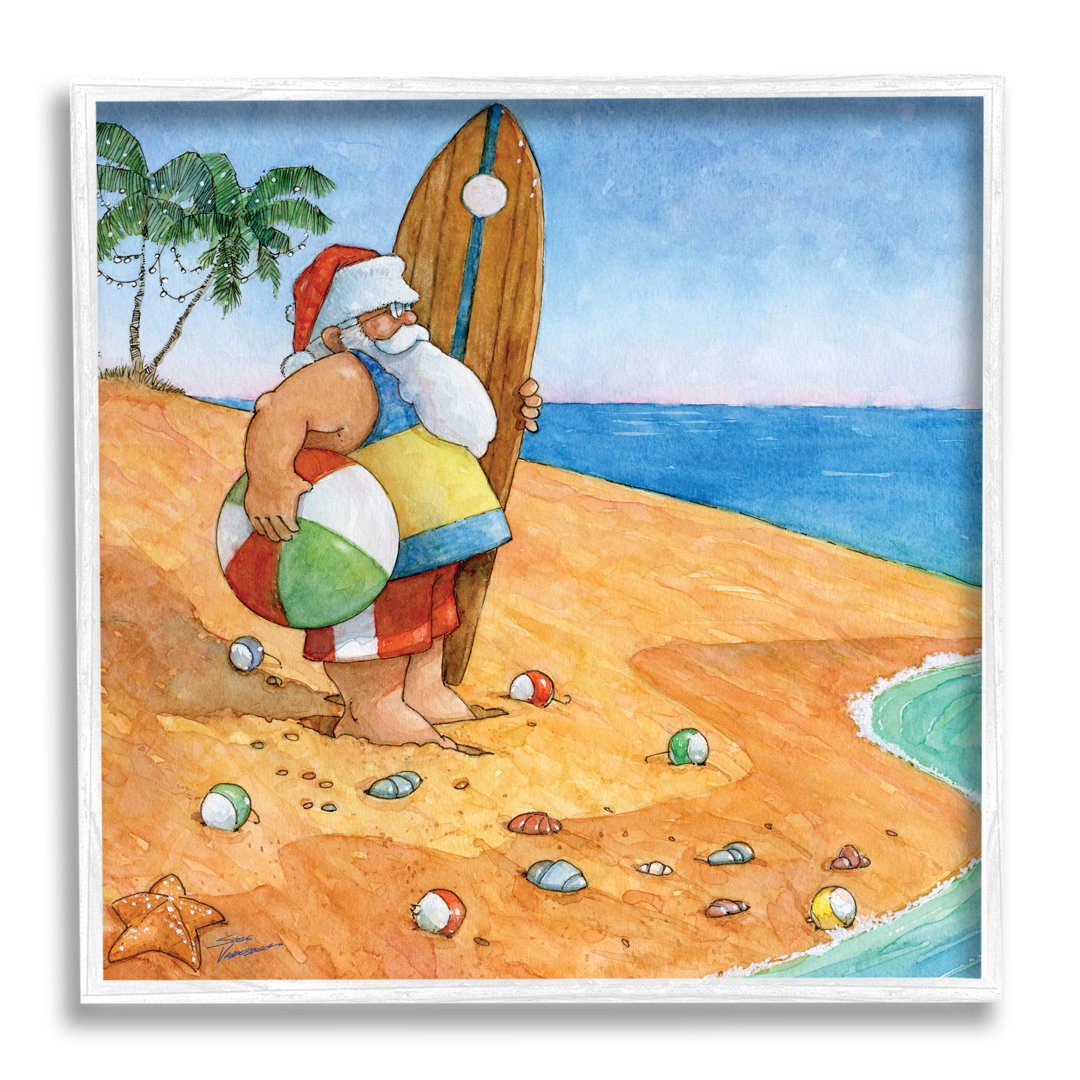 " Santa Claus On Beach Surf Board Tropical Christmas " by Steve Vanderbosch Stupell Industries 