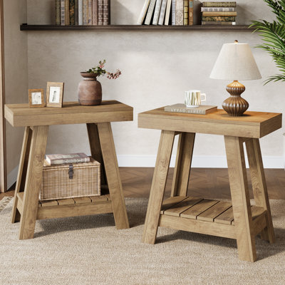 2-Tier Small End Table,  Narrow Wooden Sofa Side Table for Living Room(Set of 2)