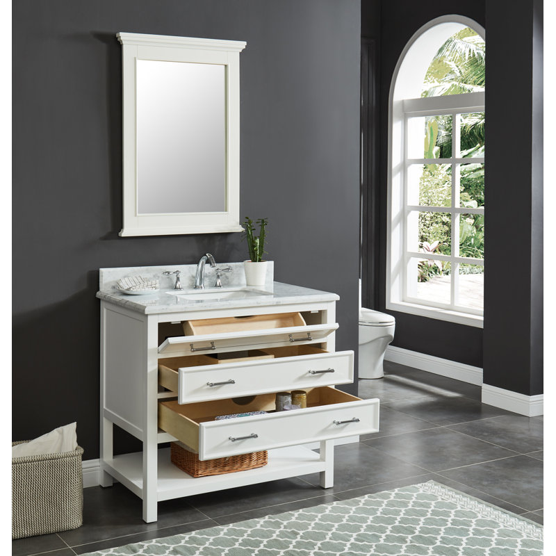 Ensemble de meuble-lavabo simple 36 po avec dessus en marbre Pamula, blanc colombe, Blanc doux, Polished Marble