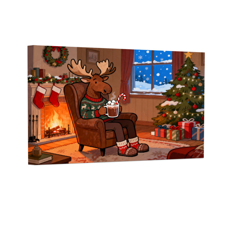 Orignal de Noël sur une chaise avec un chocolat chaud et un arbre de Noël, H 20 po x l 30 po