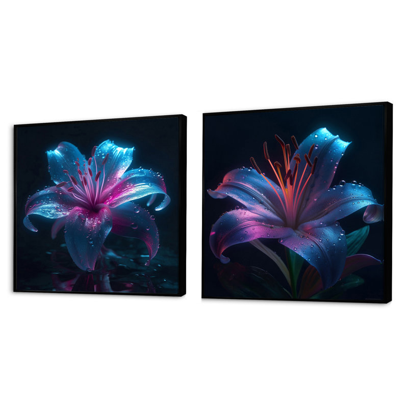 Blue Lily Dreams - ensemble de 2 carrés de lis floraux, Cadre flottant noir, H 16 po x l 33 po
